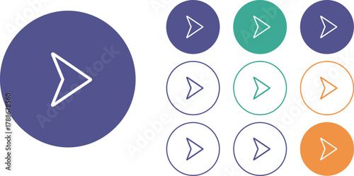 Collection of abstract play button and arrow icons in circles