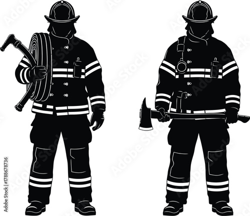 Silhouette of two firefighters in uniform with equipment