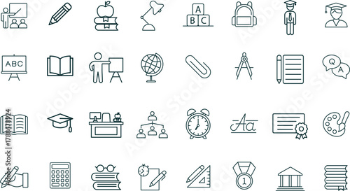 Education and Learning Vector Icons. Set of 32 blue-grey line art symbols for school, university, and academic study. Includes books, graduation cap, calculator, and globe