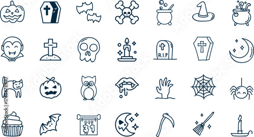 Halloween and Spooky Vector Icons. Set of blue line art symbols for horror themes and holiday projects. Includes pumpkin, skull, bat, witch hat, ghost, and spider web