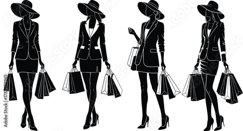 Four stylish women in silhouette holding shopping bags