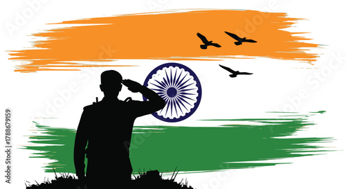 Soldier saluting indian flag with birds flying in the sky