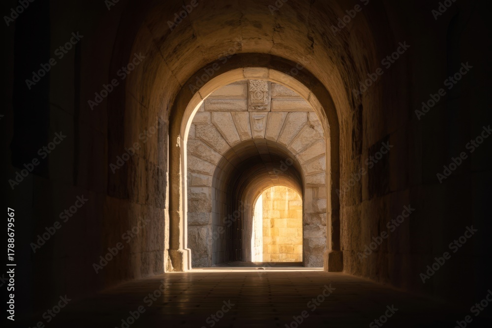 Fototapeta premium Old stone tunnel with sunlit opening
