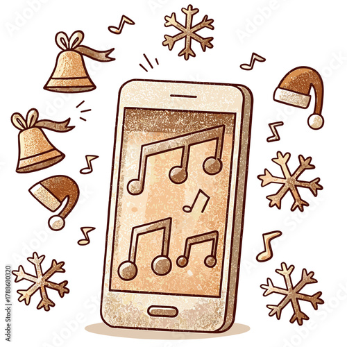 Mobile phone playing music with holiday icons and festive elements  