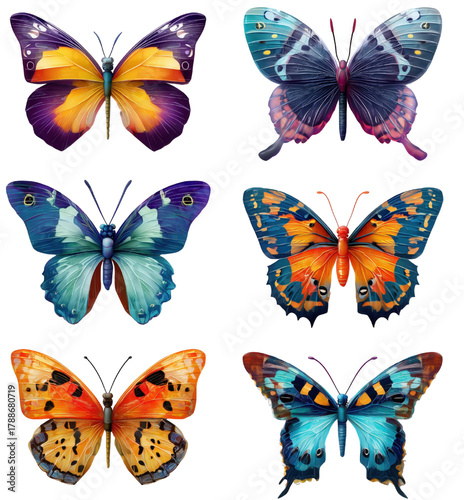 A beautiful collection of six colorful watercolor style butterflies.