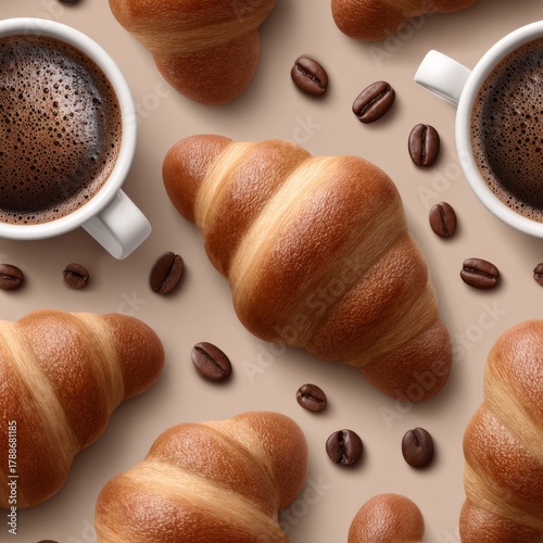 Delicious croissants and coffee displayed on a simple background for breakfast enjoyment