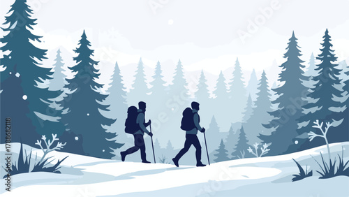 Group trekking in winter forest landscape with snow and pine trees