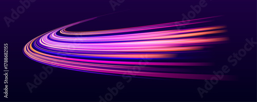 Dynamic curves of neon light sweep across a dark horizon. Motion blur enhances the sense of depth and direction. The style embodies speed, innovation, and digital beauty.