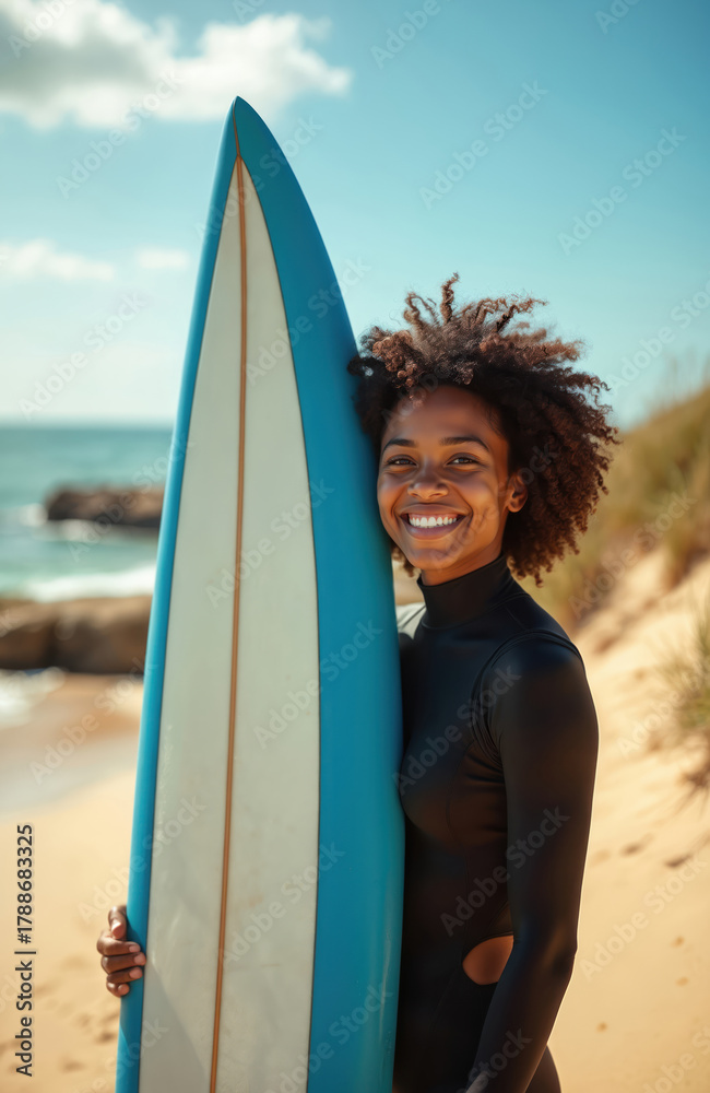 Fototapeta premium Young afro woman smiles holding blue surfboard on sunny beach. She wears black wetsuit ready for surfing waves at ocean. Female surfer enjoys summer day by sea.