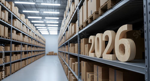 2026, Large warehouse shelves filled with boxes and the year 2026 prominently displayed, 2026 new year