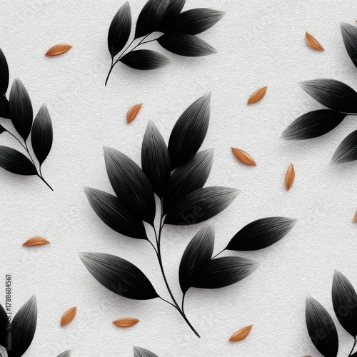 Black leaves and brown seeds create a modern and stylish pattern on a textured white background