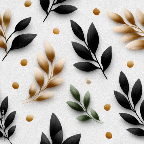 Beautiful botanical pattern with black, gold, and green leaves on a soft white background