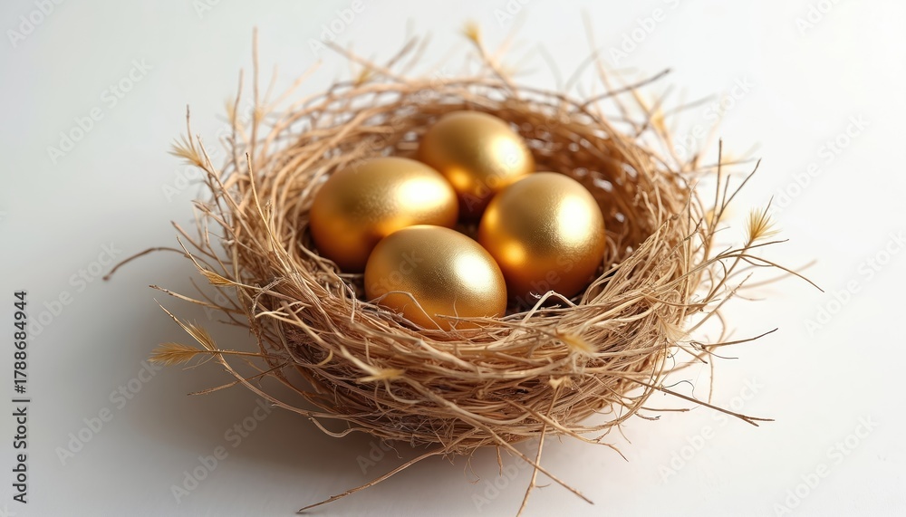 Obraz premium Four golden eggs rest in a natural twig nest against a white background. This image symbolizes wealth and new beginnings, perfect for Easter or investment themes.