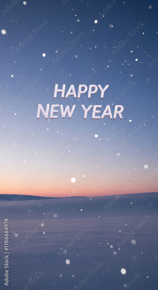 custom made wallpaper toronto digitalWinter scene with snowy field under a fading blue sky and falling snow, featuring the text Happy New Year, representing celebration, hope, and fresh start