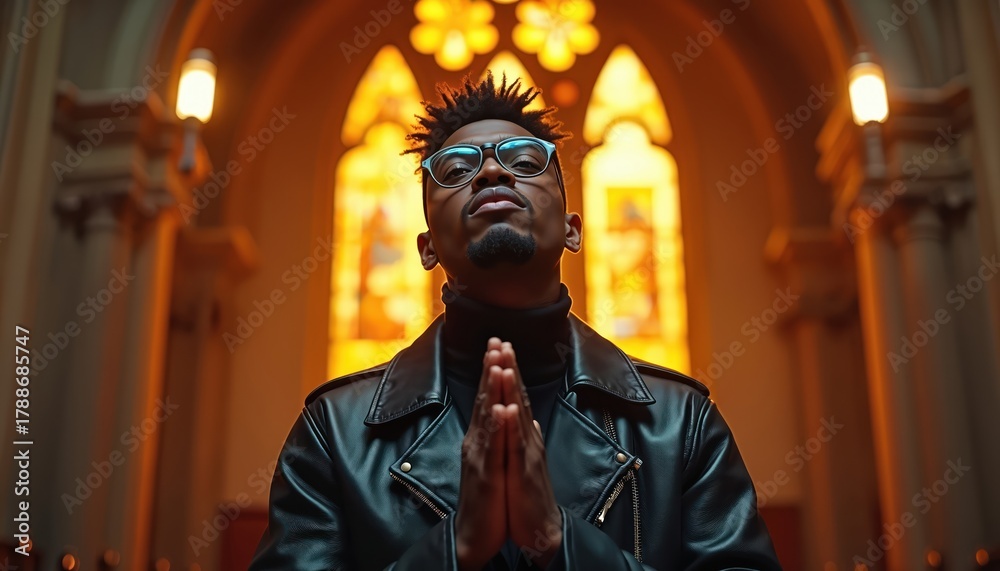 Naklejka premium Black man in leather jacket clasps hands in prayer inside church. He wears glasses and has dreadlocks. Worship and faith are evident in this spiritual moment.