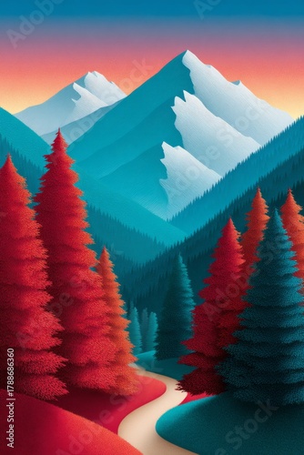 Majestic mountains and vibrant forests in a serene landscape at sunset