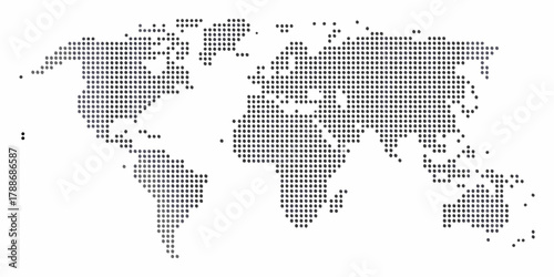 Abstract world map composed of many small dots in varying shades of gray and purple against a white background