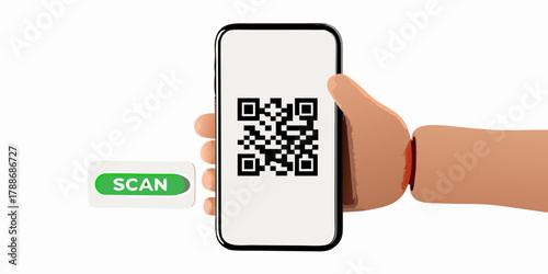 Hand holding smartphone with qr code and scan button for digital interaction and technology concepts