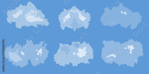 Abstract illustration of six fluffy white and light blue clouds against a solid blue sky background