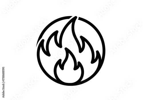 A line art Illustration of a flame icon inside of a black circle with a white plain background showing a simple design