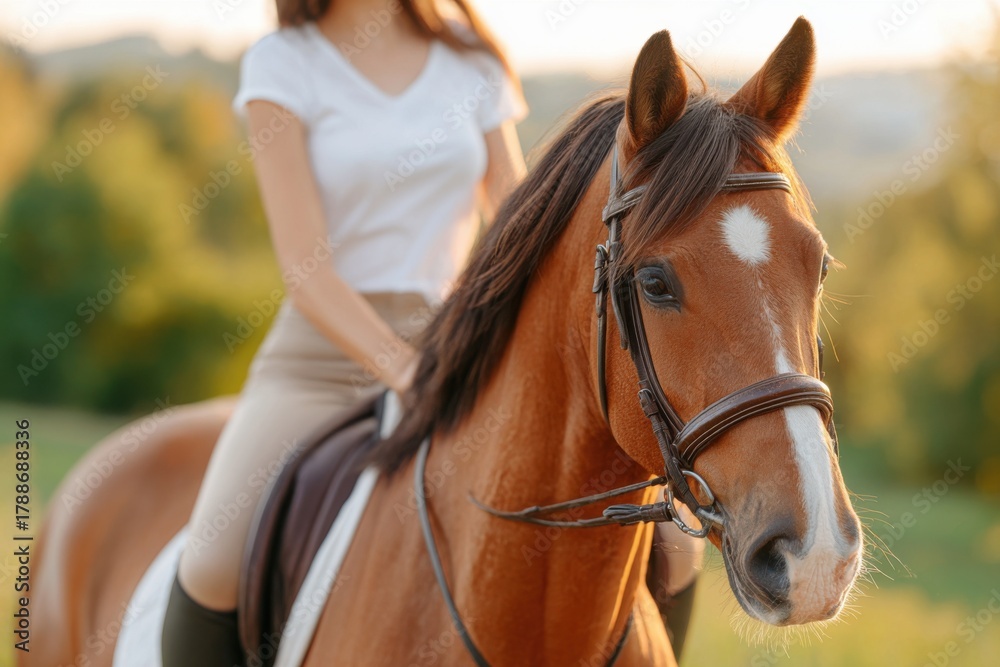 Fototapeta premium Equestrian woman in white shirt is saddling a horse in a lush green field during golden hour, showcasing the bond between rider and horse in a serene outdoor setting