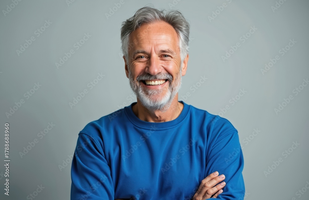 Obraz premium Mature man with grey hair and beard smiles warmly. He wears a blue sweatshirt. His arms are crossed, showing confidence and a positive attitude in his senior years.