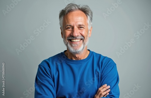 Mature man with grey hair and beard smiles warmly. He wears a blue sweatshirt. His arms are crossed, showing confidence and a positive attitude in his senior years.