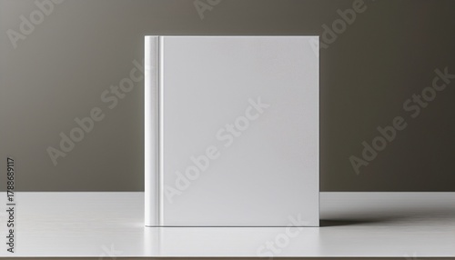 white square book mockup front view with blank hard cover standing on white table 3d rendering