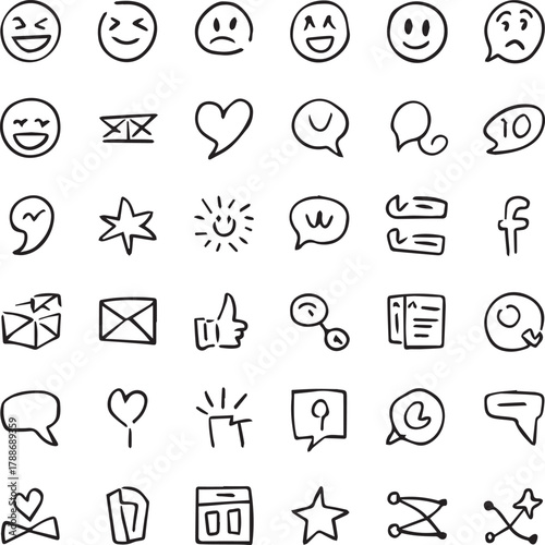 Mobile and Network Connectivity Hand-Drawn Icon Set. Colored Smartphone App, Wi-Fi Signal, Global Communication, and Media Doodles.