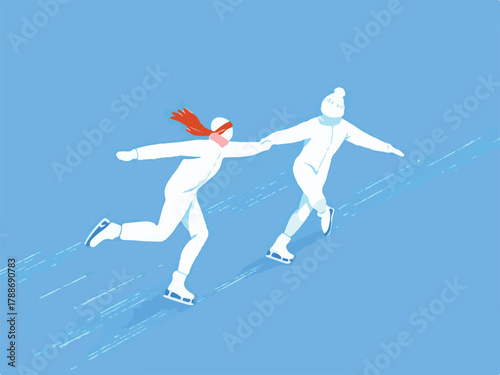 Winter ice skating vector illustration of outdoor activity in snow landscape
