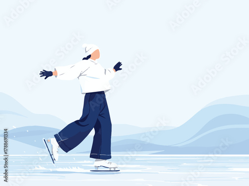 Winter ice skating vector illustration of outdoor activity in snow landscape
