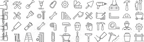 tool, wrench, hammer, screwdriver, pliers, saw, axe, shovel, measuring tape, ruler, level, drill, bolt, nut, gear, safety helmet, wheelbarrow, bucket, ladder, toolbox, carabiner, laser cutter, constru