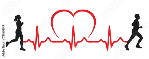 active, adult, aerobic, beat, body, cardio, couple, couple running, electrocardiogram, ekg, energy, exercise, fitness, heart, heartbeat, healthy, human, illustration, life, line, love, male, marathon,