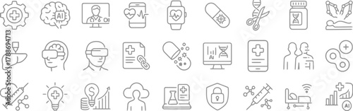 medical, healthcare, technology, innovation, ai, artificial intelligence, brain, doctor, patient, heartbeat, monitor, smartwatch, capsule, dna, scissors, medicine bottle, robot, surgery, liver, vr, vi