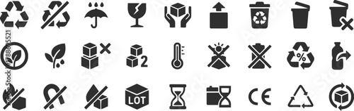 recycling symbol, no symbol, umbrella, fragile, hands holding box, upload, trash can, no trash, eco friendly, leaf, stacked boxes, number 2, thermometer, celebration, battery, no battery, bottle, fire