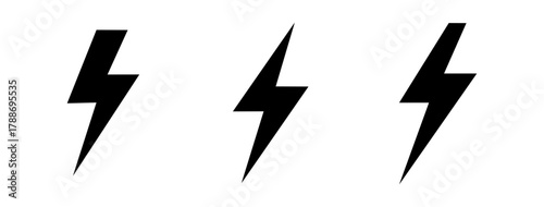 Set of Three Lightning Bolt Symbols in Black on White Background for Graphic Resources