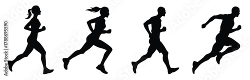 runners, running, silhouettes, man, woman, male, female, athletes, sport, fitness, exercise, motion, speed, sprint, race, action, dynamic, athletic, humans, figures, isolated, white background, vector