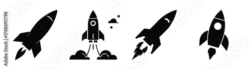 Rocket ship vector illustration set, space shuttle launch, spaceship, spacecraft, exploration, travel