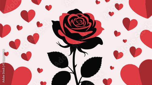 Striking red and black rose art with scattered hearts creates a bold, passionate declaration of love, perfect for romantic celebrations and heartfelt expressions.
