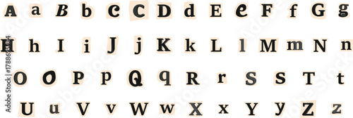 Collage font, cut out anonymous letters, random note style alphabet collection, on transparent background