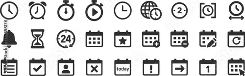 clock, alarm clock, stopwatch, play button, clock face, globe, timer, calendar, star, add, edit, checkmark, cross, today, exclamation, arrow, one, mouse click, bell, hourglass, 24 hours, schedule, app