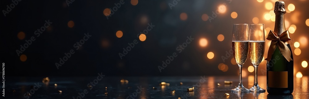 Obraz premium Bottle of champagne with two glasses awaits celebration. Bubbles rise in flutes, golden ribbon adorns bottle. Festive bokeh lights create atmosphere of luxury, joy, happy new year, and special events.