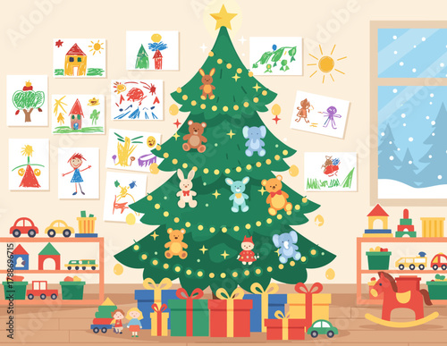 Christmas tree in a kindergarten with toys and decorations in a cozy room
