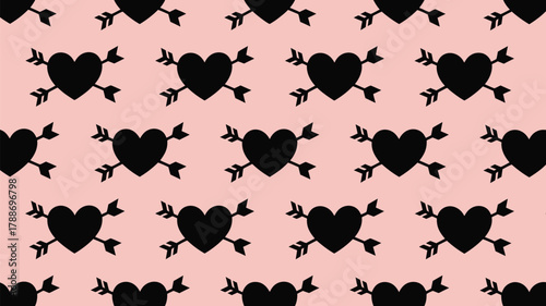 Charming black hearts pierced by arrows repeat pattern creates a whimsical backdrop for love and romance themed projects