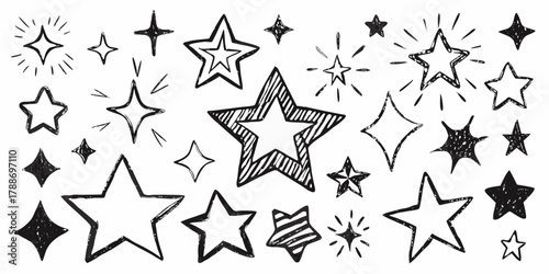 Collection of hand drawn doodle stars and sparkles in various styles and sizes on white background