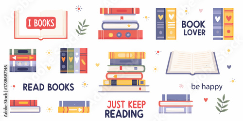 Collection of colorful books and reading related phrases for book lovers and readers