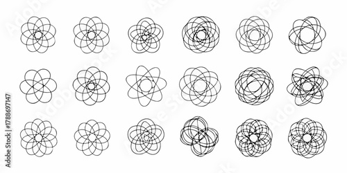 Collection of abstract geometric floral and orbital patterns in black line art on white background