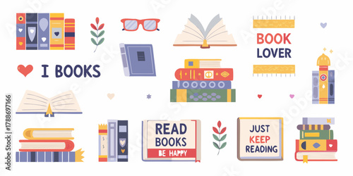 Collection of illustrated books reading glasses and inspirational quotes about reading and books