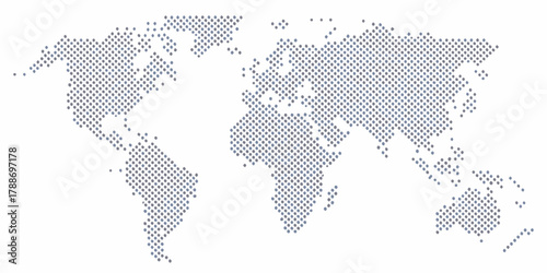 Abstract world map composed of small dots in a pixelated digital style on a white background