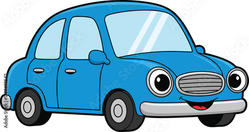Cute blue cartoon car with smiling face, adorable vehicle illustration for kids, fun transportation concept, cheerful children cartoon art